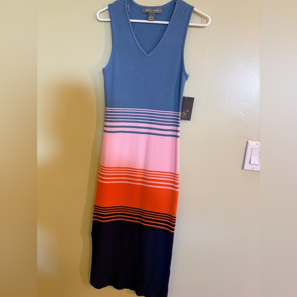 Lark + Grey Dresses & Skirts - Lark + Gray V-Neck Sleeveless Maxi Dress in Blue, Pink & Orange Stripe